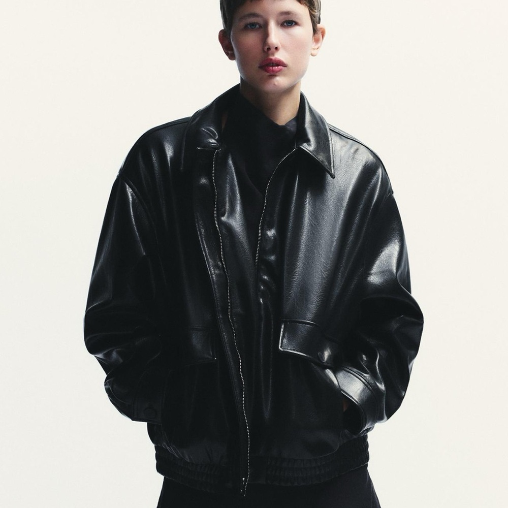 Zara Women's Black Faux Leather Bomber Jacket